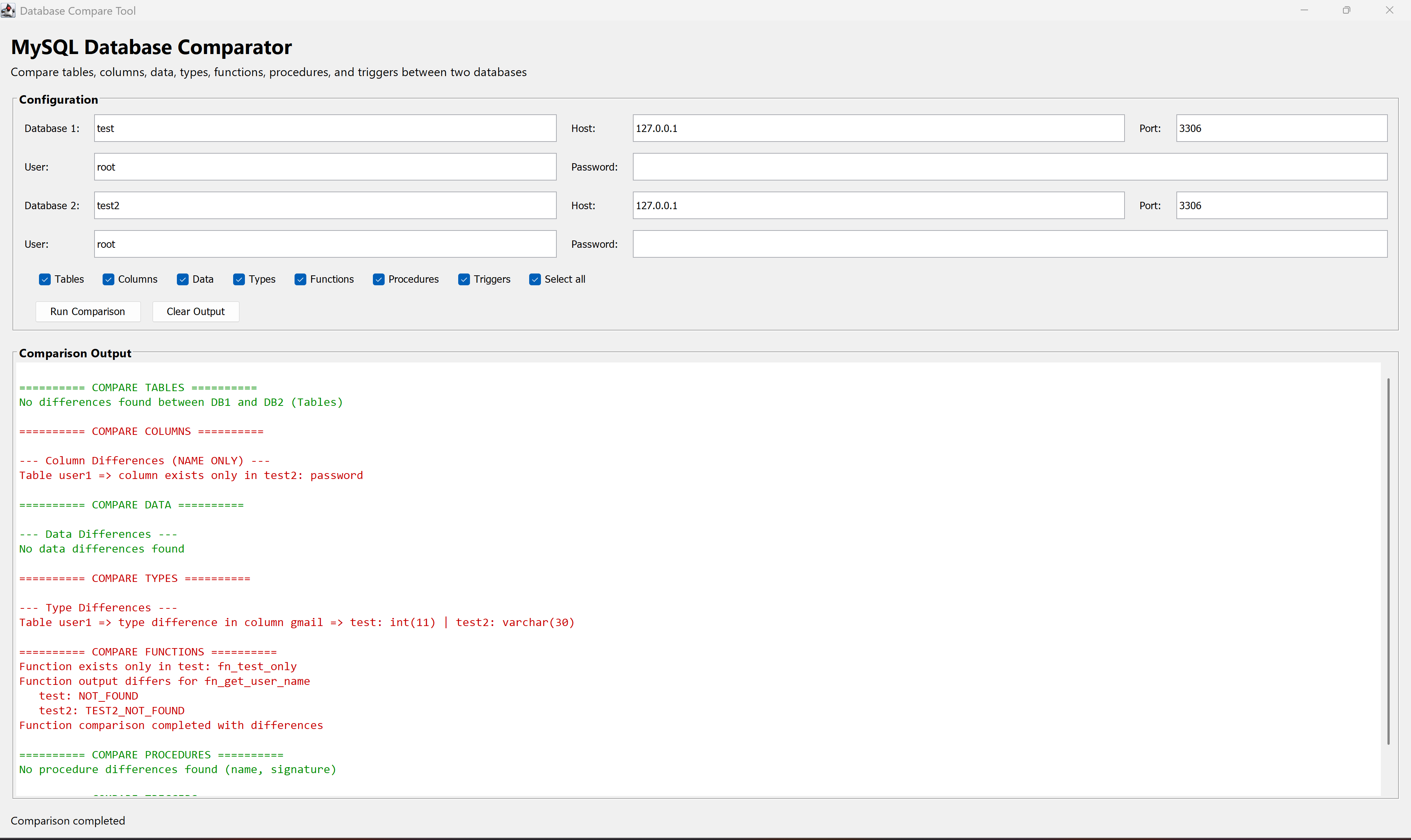 Compare DB desktop comparison results